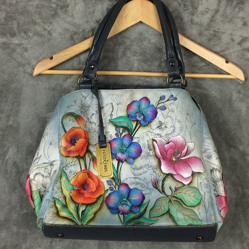 Anuschka Leather Hobo Shoulder Bag Floral Orchid Poppy Hand Painted Handbag